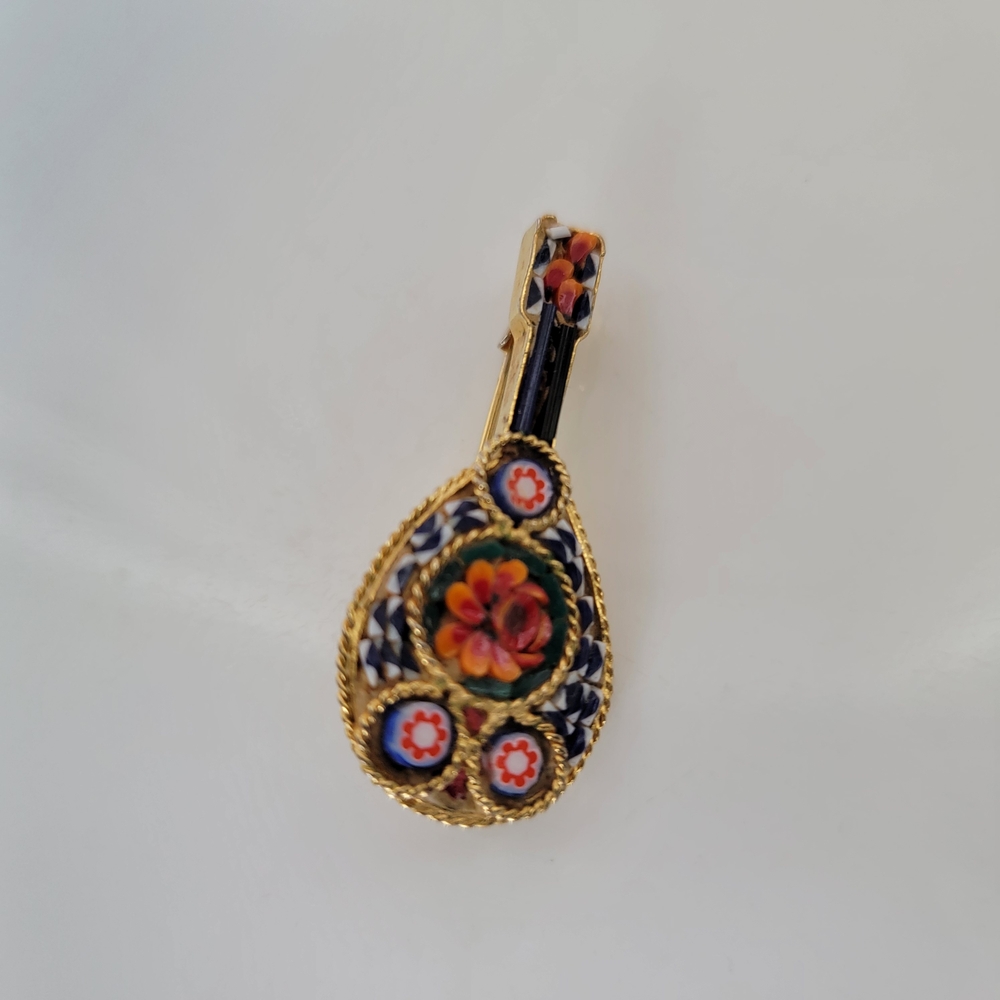 Vintage Italian Micro Mosaic Mandolin Brooch Pin on Gold or Brass Tone